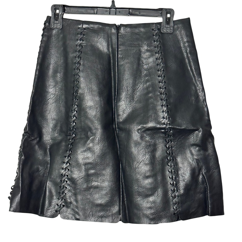 Bishop + Young Black Vegan Leather Whipstitch Laser Cut Mini Skirt Womens Small